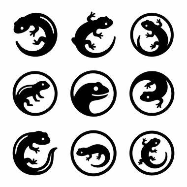 Kertenkele, kertenkele, kertenkele ve semenderlerin yer aldığı dokuz minimalist siyah beyaz simge koleksiyonu. Bu basit dairesel siluetler logolar ve semboller için mükemmeldir..