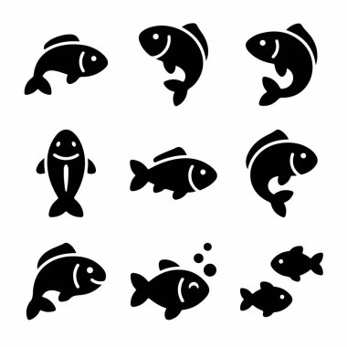 Saf siyah renkte dokuz tane minimalist balık ikonu. Beyaz arka planda deniz ürünleri logoları, su temaları veya web ve uygulama tasarım elemanları için basit vektör sembolleri ve siluetler.