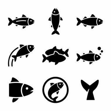 Yan görüş, üst görüş, atlama, okul ve kuyruk yüzgeci de dahil olmak üzere dokuz adet çok yönlü siyah balık simgesi. Logolar, web ve yazdırma için basit, modern vektör çizimleri.