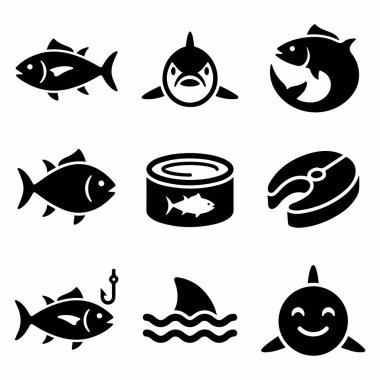 Köpekbalığı, ton balığı konservesi, balık bifteği, olta ve logo veya tasarım için çeşitli balık sembolleri içeren dokuz vektör sembolü koleksiyonu..