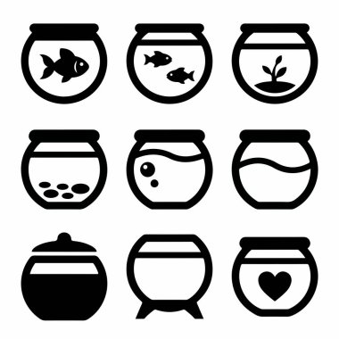 Dokuz tane minimalist akvaryum ikonu koleksiyonu. Kümede balık, bitki, çakıl, baloncuk, su, kapak, durak ve kalp sembolü bulunan ikonlar yer alıyor..