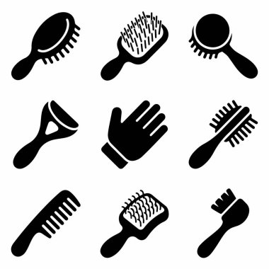Çeşitli hayvan tımar aksesuarlarını temsil eden dokuz izole vektör ikonu. Farklı tipte fırçalar, taraklar, bir tımar eldiveni ve bir dökme aracı içerir.