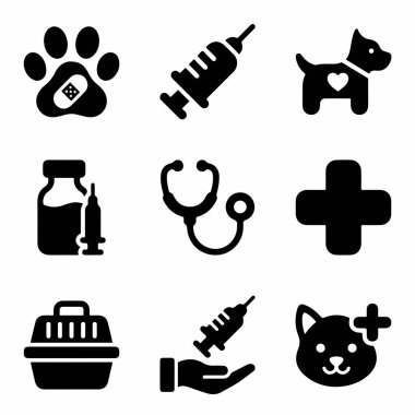 Veterinerlik hizmetlerini temsil eden dokuz basit siyah beyaz ikondan oluşan bir koleksiyon. Bunlar arasında aşı, hayvan bakımı, hayvan nakli ve kedi ve köpek için sağlık kontrolleri de yer alıyor..