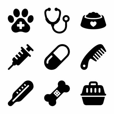 Beyaz bir arka planda, veteriner ve hayvan bakım ürünlerini temsil eden dokuz basit siyah ikondan oluşan bir koleksiyon. Stetoskop, şırınga, hap, pençe izi ve hayvan taşıyıcısı gibi..