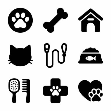 Evcil hayvanlarla ilgili dokuz basit siyah ikondan oluşan bir derleme. Pençe izi, köpek kafası, tasma, yemek kasesi, fırça, veteriner haçı ve kalp..