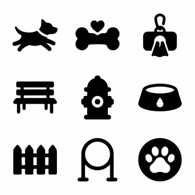 Köpek, kemik, kaka torbası, bank, yangın musluğu, kase, çit, çeviklik çemberi ve pençe izi içeren köpek ve hayvan bakımıyla ilgili dokuz basit simge koleksiyonu..