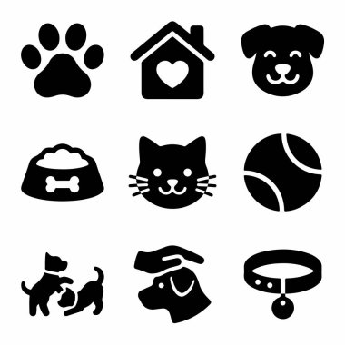 Köpek, kedi, yiyecek, barınak, oyun ve aşk gibi hayvan bakım temalarını temsil eden dokuz siyah siluet ikonundan oluşan bir koleksiyon. Veterinerlik, evcil hayvan dükkanı ya da hayvan koruma tasarımları için mükemmel..