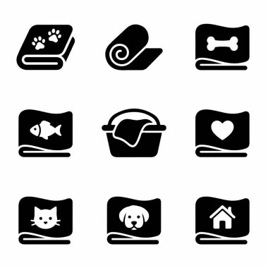 Pençe izli battaniye, kemik, balık, kedi ve köpek yüzleri, çamaşır sepeti ve ev sembolü gibi evcil hayvan aksesuarlarını temsil eden dokuz siyah ve beyaz ikondan oluşan bir koleksiyon..