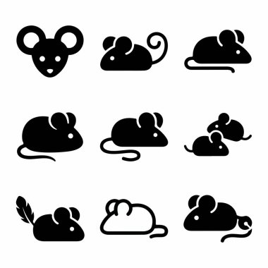 Dokuz basit siyah fare ve fare simgesinden oluşan bir koleksiyon. Bu set, grafik tasarımı için beyaz bir arkaplan üzerinde izole edilmiş, siluetler, dış hatlar ve bir kafa görünümü gibi çeşitli pozlar ve stilleri içerir..