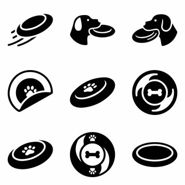 Köpekleri frizbi, uçan diskleri ve pençe izleri ve kemik sembolleriyle frizbileri yakalayan dokuz siyah ikondan oluşan bir vektör seti. Evcil hayvan etkinlikleri için basit semboller.