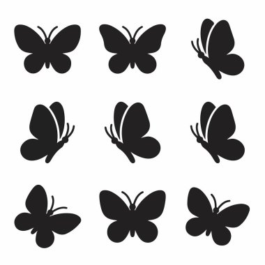 Dokuz basit siyah kelebek ikonundan oluşan bir koleksiyon. Grafikler böceklerin farklı açılardan ve farklı uçuşlarda beyaz bir arkaplanda izole olduklarını gösteriyor..