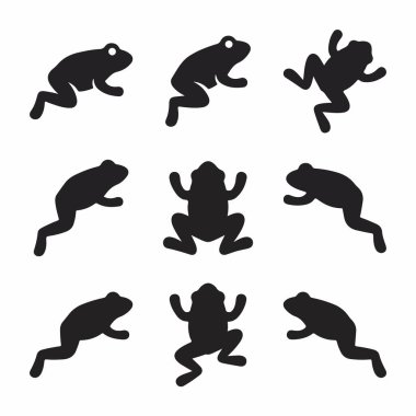 Dokuz basit siyah kurbağa ikonu koleksiyonu. Set, atlama, oturma ve beyaz bir arka planda izole üst görünüm gibi çeşitli pozları içerir..