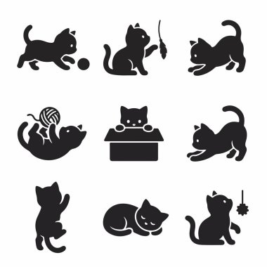 Dokuz sevimli kedi yavrusu silueti koleksiyonu. İkonlar kedilerin iplik yumağıyla oynadığını, uyuduğunu, esnediğini ve karton bir kutuda saklandığını gösteriyor..