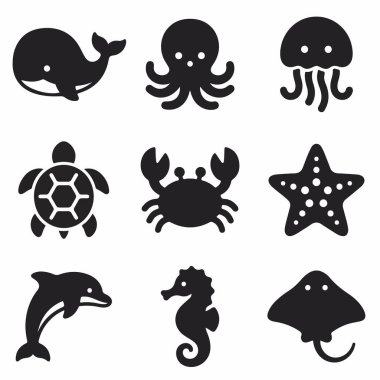 Çeşitli deniz canlılarını temsil eden dokuz basit siyah siluet simgesi koleksiyonu. Bir balina, ahtapot, denizanası, kaplumbağa, yengeç, denizyıldızı, yunus, deniz atı ve vatoz. Tasarım için izole vektör grafik ögeleri.