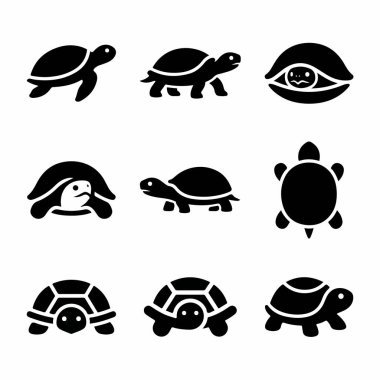 Dokuz basit, katı siyah kaplumbağa ve kaplumbağa ikonundan oluşan bir koleksiyon. Set, logolar veya grafik tasarım unsurları için mükemmel yan, üst ve ön görüntüler gibi çeşitli pozlar içerir.