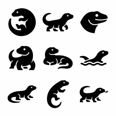 Yürümek, yüzmek ve kıvrılmak gibi farklı pozisyonlardaki kertenkele ve semenderleri bembeyaz bir arkaplanda izole etmek gibi dokuz basit siyah vektör simgesinden oluşan bir derleme..