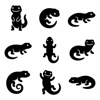Çeşitli pozlarda sevimli kertenkele, kertenkele ve semenderlerden oluşan dokuz basit siyah siluet koleksiyonu. Bu vektör simgesi kümesi beyaz bir arkaplan üzerinde izole edilmiştir.