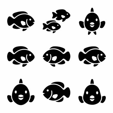 Beyaz üzerine izole edilmiş dokuz basit siyah balık ikonu koleksiyonu. Set, yan profilden bir balık ve sevimli, karikatürsel bir ön görünüm içeriyor. Logolar veya web tasarımı için vektör grafiği.