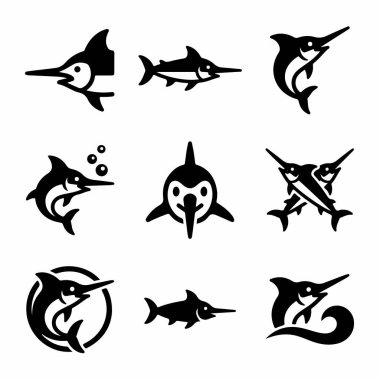 Dokuz izole edilmiş siyah beyaz kılıç balığı ikonu koleksiyonu. Set, logolar veya grafik tasarım unsurları için uygun vesikalıklar, tüm vücut ve amblemler de dahil olmak üzere çeşitli pozlar ve stiller içerir..