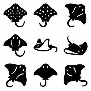 İğne vatozları ve kartal ışınları da dahil olmak üzere çeşitli ışınları tasvir eden dokuz basit, siyah, düz vektör ikonu. Logolar, web tasarımı veya deniz yaşamı temaları için mükemmel.