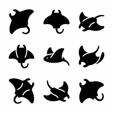 Manta vatozları ve vatoz vatozlarını tasvir eden dokuz tane simge. Vektör siluetleri farklı açılardan ve çeşitli yüzme pozisyonlarında gösterilir, beyaz bir arkaplanda izole edilir.