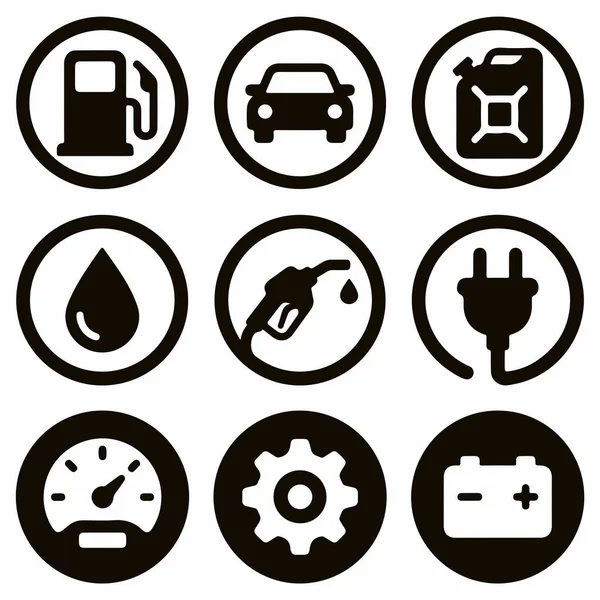Ulaşım ve enerji için dokuz basit siyah dairesel simge seti. Benzin pompası, araba, akü, elektrik prizi, yakıt başlığı, yağ damlası, gösterge ve dişli sembolleri içerir.