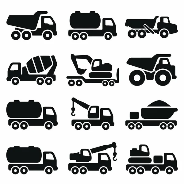 Çeşitli ağır araçları gösteren basit siyah beyaz vektör simgelerinden oluşan bir derleme. Çöp kamyonu, çimento karıştırıcı, vinç, kazıcı ve kamyon siluetlerini içerir.
