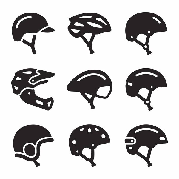 A collection of nine different black helmet icons in silhouette style. The set includes various designs for cycling, mountain biking, and skateboarding, all isolated on a white background.