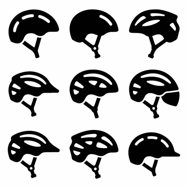 A set of nine isolated black bicycle helmet icons. Vector silhouettes representing head protection for cycling, sports, and outdoor activities.