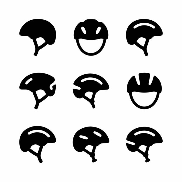 Collection of nine simple black icons representing various bicycle helmets. Vector graphics showing different angles and designs for cycling safety gear, isolated on a white background.