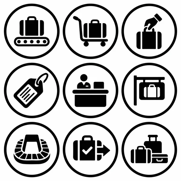 Havaalanı seyahat temalarını temsil eden dokuz dairesel vektör ikonundan oluşan bir koleksiyon bagaj talebi, kontrol masası, bagaj atlıkarınca, taşıma bandı ve seyahat etiketleri.