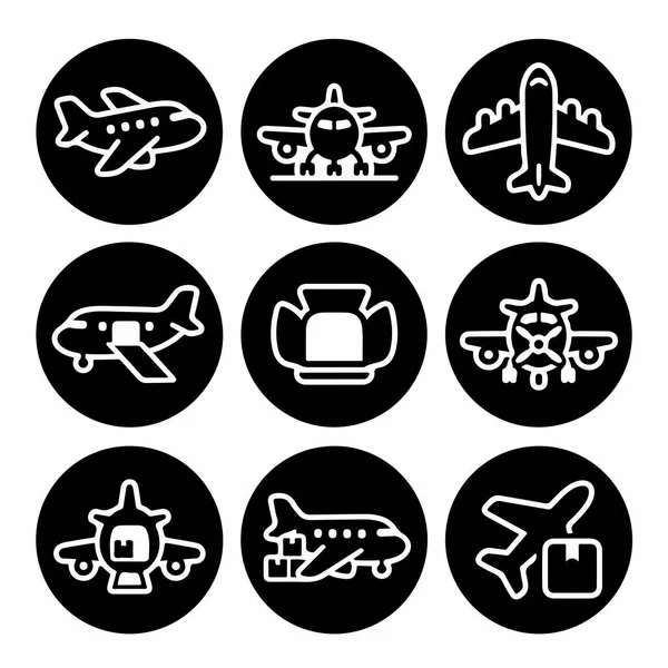 Uçakları, hava taşımacılığını ve kargo taşımacılığını gösteren siyah daireler üzerinde dokuz beyaz simge koleksiyonu. Web ve mobil uygulamalar için basit satır sanatı biçimi.