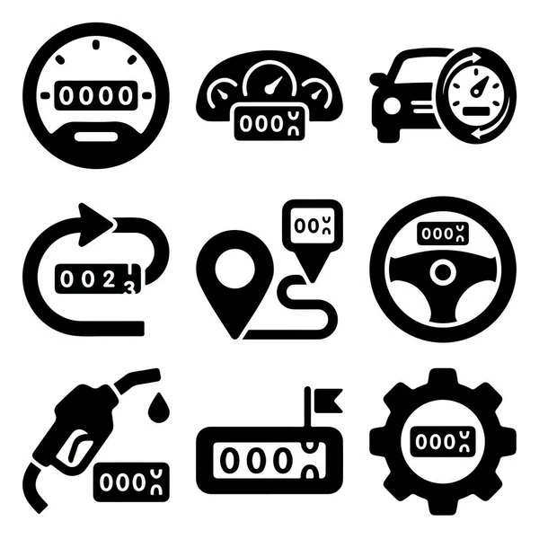 Kilometre yakıt tüketim rotası direksiyon ve motor performans göstergeleri de dahil olmak üzere arabayla ilgili verileri temsil eden dokuz katı siyah simge koleksiyonu.