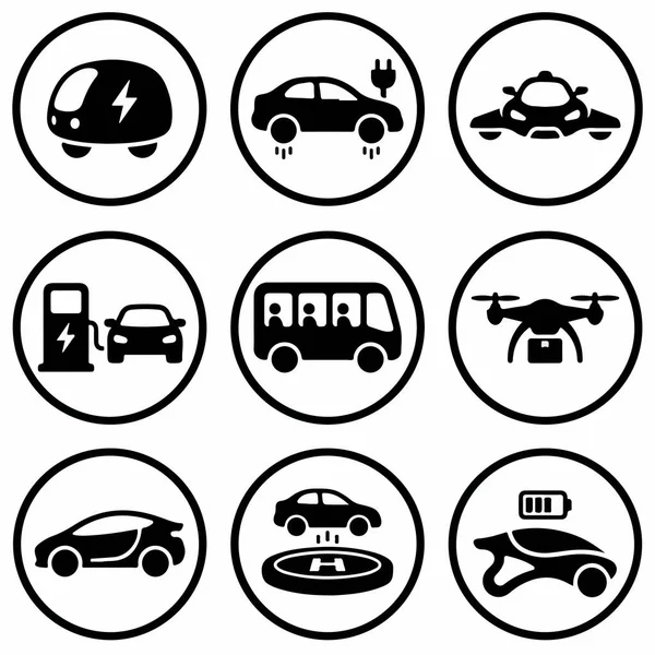 Elektrikli arabaları, şarj istasyonlarını, otonom otobüsleri, dağıtım araçlarını ve gelecekten gelen uçan araçları tasvir eden dokuz dairesel ikon koleksiyonu. Modern hareketlilik için basit semboller.
