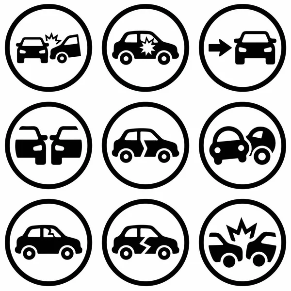 Sigorta veya güvenlik kavramları için farklı tip araba kazalarını, çarpışmaları ve araç hasarlarını gösteren dokuz dairesel siyah beyaz simge koleksiyonu.