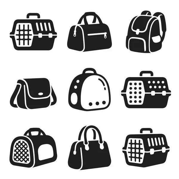 Kedi ve köpek gibi hayvanları taşımak için kullanılan sandıklar, yumuşak çantalar ve sırt çantaları da dahil olmak üzere farklı hayvan taşıyıcılarını gösteren dokuz siyah ve beyaz ikondan oluşan bir koleksiyon..