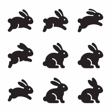 Dokuz basit siyah tavşan ya da tavşan siluetinden oluşan bir koleksiyon. İkonlar hayvanı koşmak, zıplamak ve oturmak da dahil olmak üzere çeşitli pozlarda tasvir eder. İzole vektör grafik kümesi.