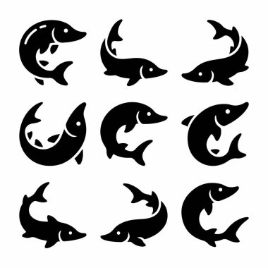 Çeşitli dinamik ve kıvrımlı pozlarda mersin balığı içeren dokuz eşsiz siyah grafik ikonu. Logolar, amblemler ya da balıkçılık ya da deniz ürünleriyle ilgili markalar için idealdir..