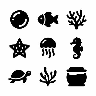 Bir balık, denizanası, deniz atı, kaplumbağa, denizyıldızı, mercan ve deniz yosunu, artı bir baloncuk ve bir akvaryum içeren dokuz simge..