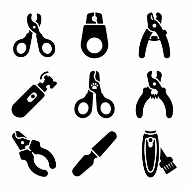 Hayvan bakımı için dokuz siyah siluet ikonu koleksiyonu. Bu set çeşitli tırnak makası türleri, bir öğütücü ve kedi ve köpek tırnak bakımı için bir dosya içerir..