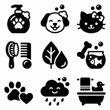 Köpek ve kedi yıkama, tımar aletleri, şampuan ve veteriner veya spa hizmetleri için banyo zamanı sembolleri de dahil olmak üzere hayvan bakımını temsil eden siyah katı simgelerden oluşan bir koleksiyon..