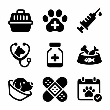 Veterinerlik hizmetlerini ve hayvan sağlığı hizmetlerini temsil eden siyah katı simgelerden oluşan bir koleksiyon. Bunlardan biri de taşıyıcı, pati izi, şırınga, stetoskop, ilaç, gıda ve bandaj..