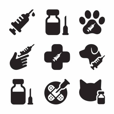 Hayvan aşılama ve veterinerlik ilaçlarını temsil eden tek renkli ikonların bir koleksiyonu, şırıngalar, şişeler, köpekler ve kediler gibi evcil hayvanlar ve tıbbi semboller.