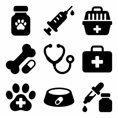 Veteriner kliniği hizmetleri için vektör ikonu ayarlandı. Beyaz arka planda ilaç, aşı, hayvan taşımacılığı ve tıbbi muayene sembolleri içerir.
