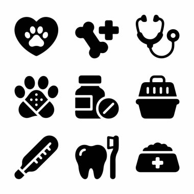 Veterinerlik hizmetleri ve hayvan sağlığını temsil eden dokuz sağlam siyah ikondan oluşan bir koleksiyon. Aşk, tedavi, teşhis, ilk yardım, ilaç ve diş bakımı sembolleri içerir.
