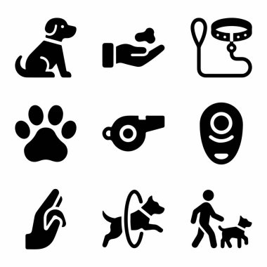 Köpek eğitimi kavramlarını temsil eden siyah simgelerden oluşan bir derleme. Komutlar, ödüller, tasma ve klik gibi ekipmanlar ve yürüme ve çeviklik gibi aktiviteler için semboller içerir.