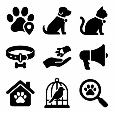 Hayvan bakımını, kayıp hayvanları, evlat edinmeyi ve veterinerlik hizmetlerini temsil eden siyah siluet ikonları koleksiyonu. Beyaz arka planda köpek, kedi, kuş, pençe izi ve arama sembollerini içerir.