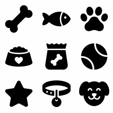 Evcil hayvan sahipliğiyle ilgili dokuz basit siyah kabartma simgesinden oluşan bir koleksiyon. Beyaz arka planda izole edilmiş yiyecek, oyuncak ve kedi ve köpek gibi hayvanlar için semboller içerir..