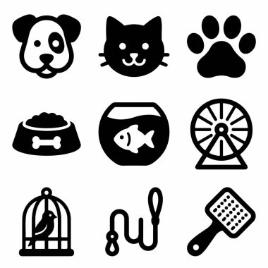 Bir köpek, kedi, pençe izi, yemek kasesi, akvaryum, hamster tekerleği, kuş kafesi, tasma ve tımar fırçası içeren dokuz hayvan ikonundan oluşan bir koleksiyon. Basit katı siyah vektör tasarımı.