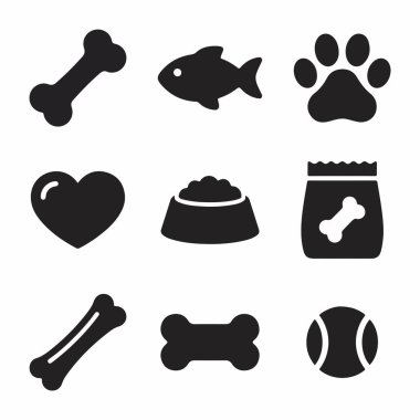 Köpek kemiği, balık, pençe izi, yemek kasesi, kalp ve top dahil olmak üzere evcil hayvanlar için dokuz düz siyah ve beyaz simge koleksiyonu. Hayvan bakımı veya hayvan bakımı için vektör sembolleri.
